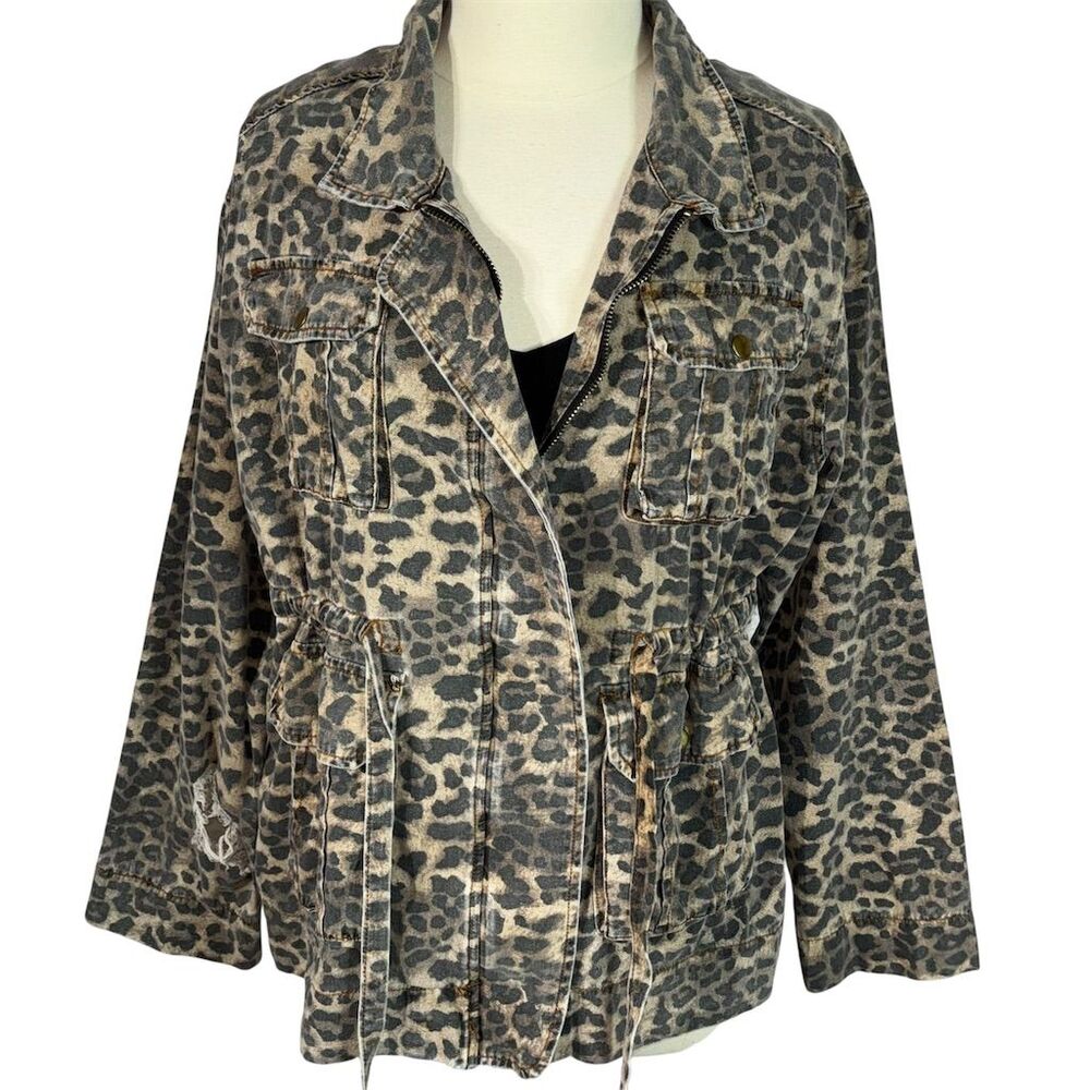POL Women's Leopard Cheetah Print Distressed Cargo Jacket Size L - Picture 2 of 15